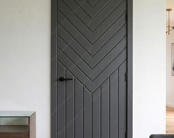 Custom 3D CNC Grey Chevron Door, Modern HDHMR Interior Door, Geometric Carved Bedroom Door, Luxury Office Entryway, Designer HDHMR Door