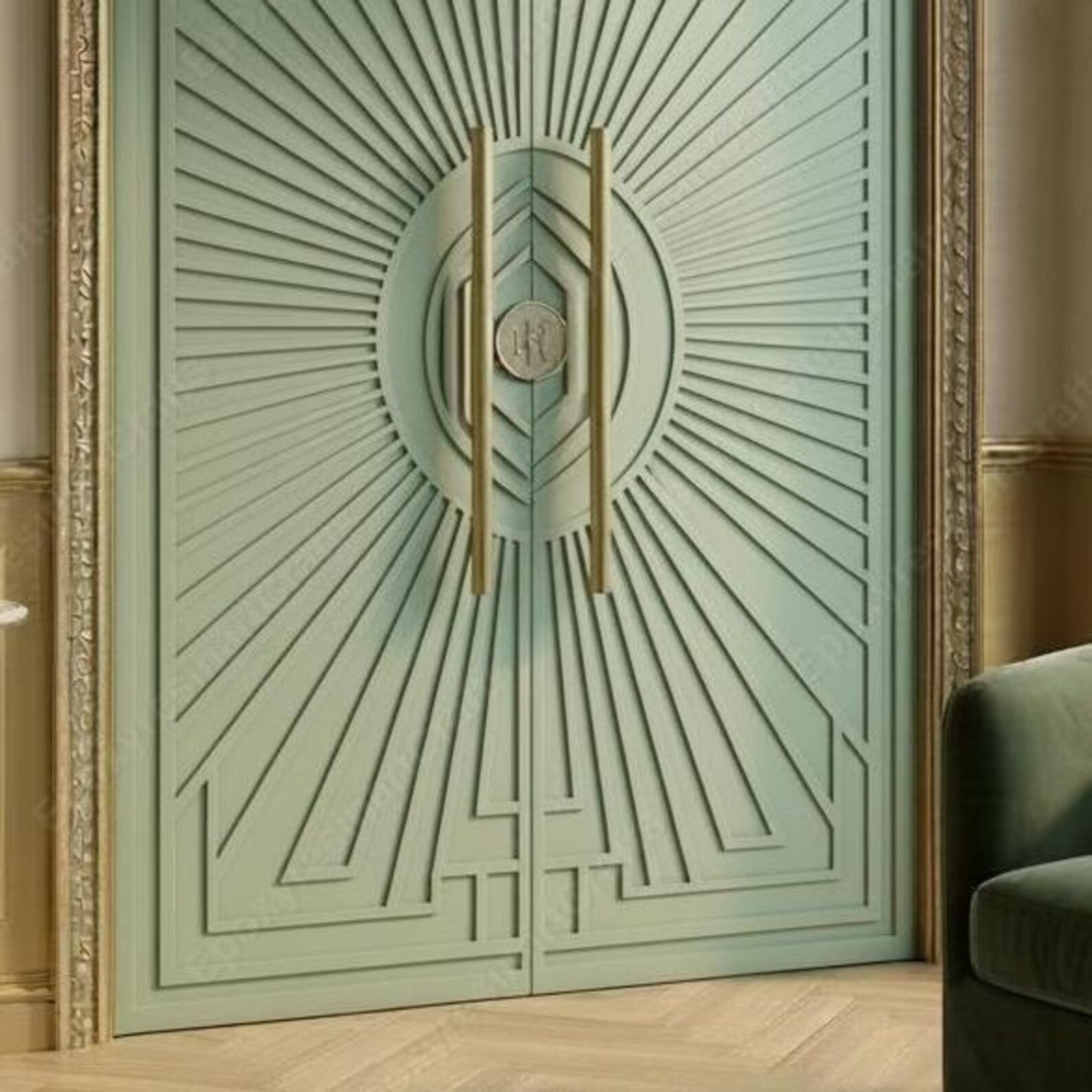 Premium Sage Green HDHMR Double Doors | 3D CNC Geometric Carved Door ...