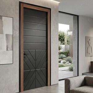 Modern 3D CNC Carved Door with Walnut Frame | Matte Black Geometric HDHMR Door | Luxury Minimalist Interior Designer Door
