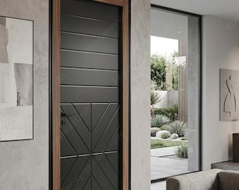 Modern 3D CNC Carved Door with Walnut Frame | Matte Black Geometric HDHMR Door | Luxury Minimalist Interior Designer Door