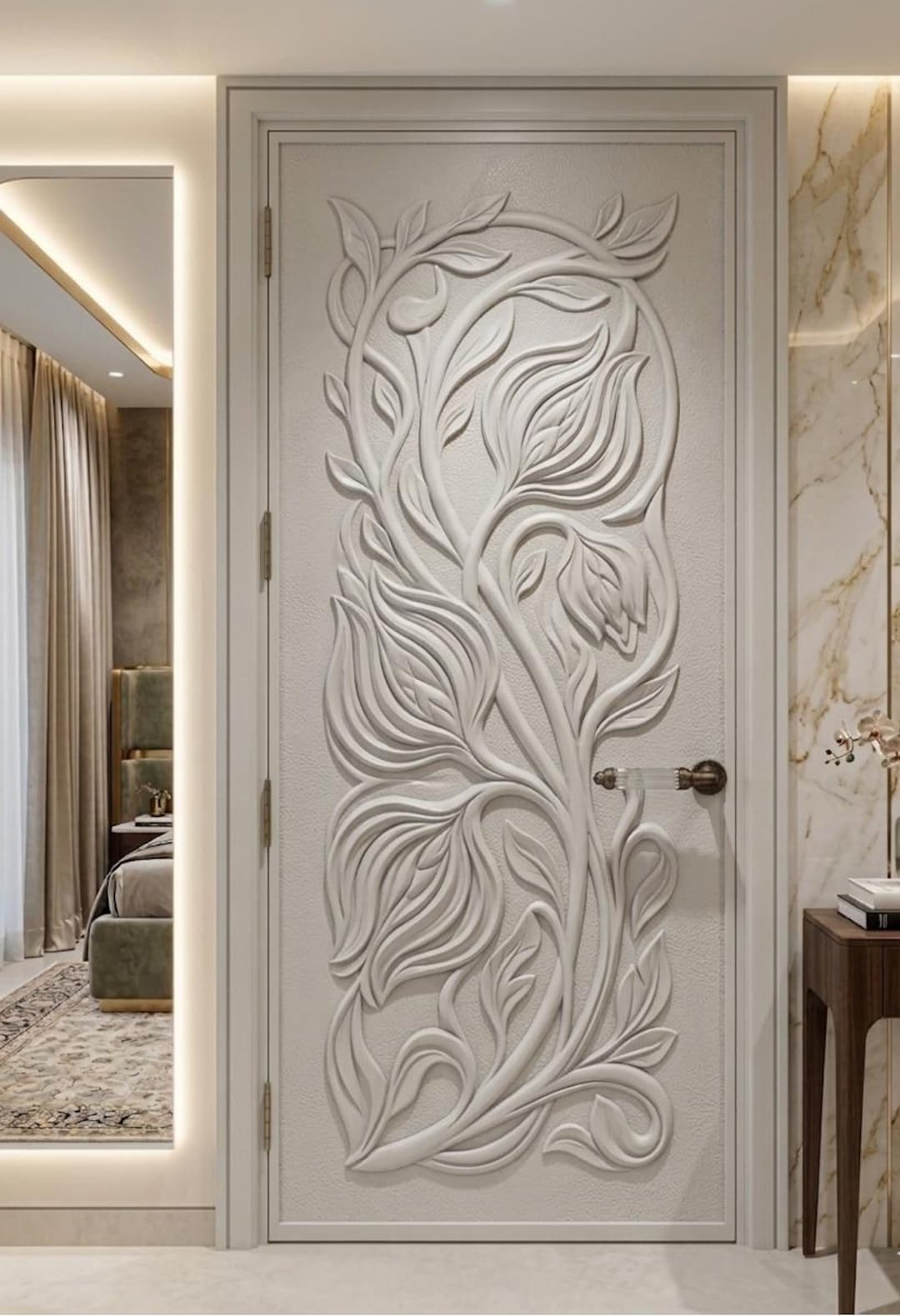 Custom Size CNC Engraved HDHMR Door • 3D Floral Pattern Door • White ...