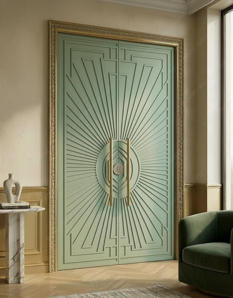 Premium Sage Green HDHMR Double Doors | 3D CNC Geometric Carved Door ...
