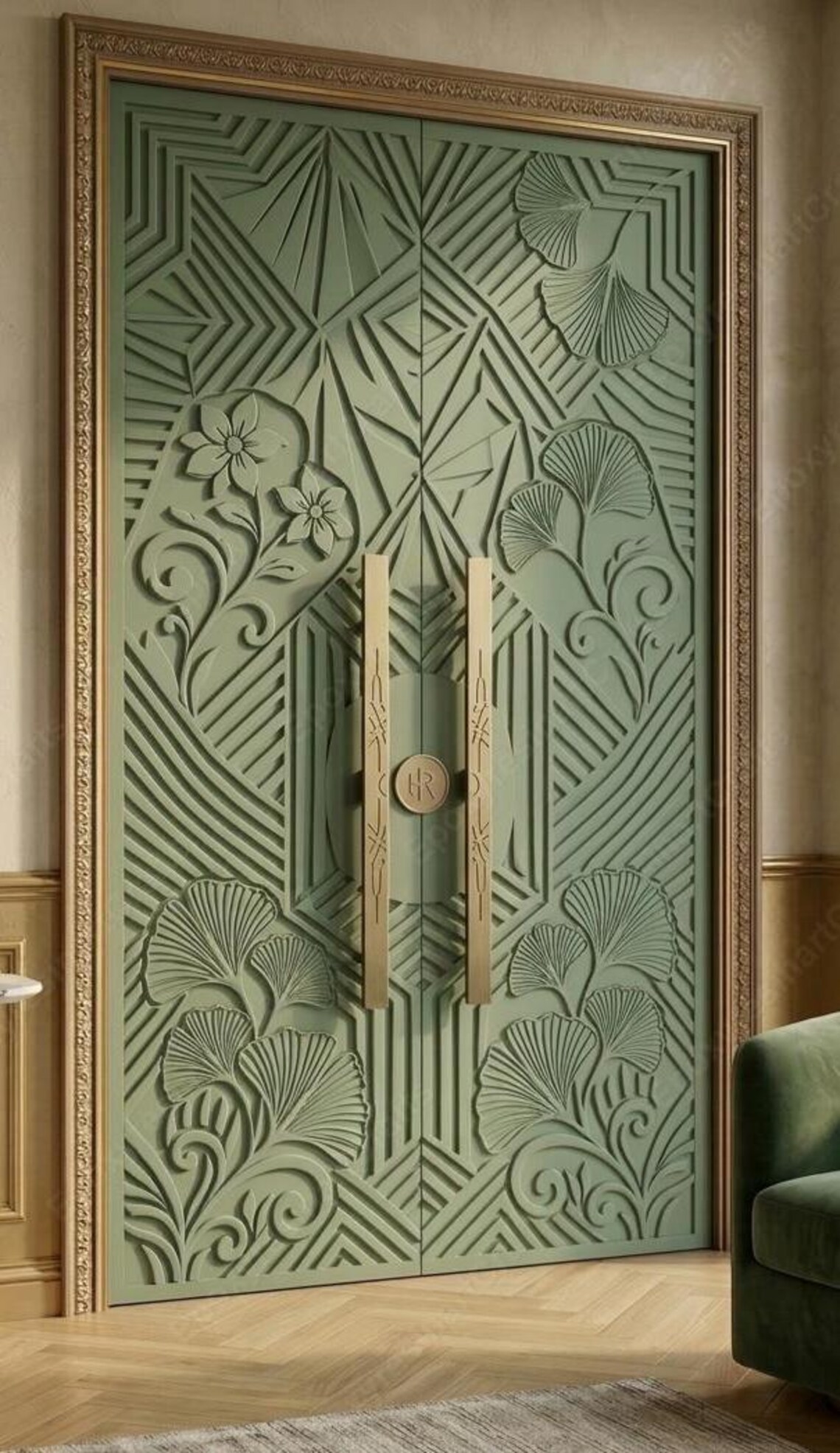 Elegant Sage Green CNC Carved Door, 3D Ginkgo Biloba Floral Design ...