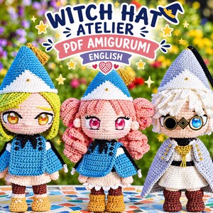 May include: Three crocheted amigurumi dolls wearing blue and white pointed hats, capes, and boots. The text WITCH HAT ATELIER PDF AMIGURUMI ENGLISH is displayed above the dolls. Each doll features distinct hair colours, including green, pink, and white.