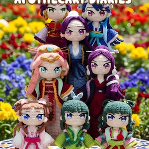 May include: A collection of handmade amigurumi dolls, each with unique outfits and hairstyles, inspired by "The Apothecary Diaries." The dolls are arranged in a tiered display, with text at the top reading "PATTERN AMIGURUMI THE APOTHECARY DIARIES" and "ENGLISH PDF ONLY" at the bottom.