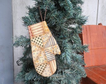 Kerst Mitten sieraad, Homespun sieraad, Patchwork Ornament, sieraad Birdhouse, invulbare Mitten Ornament