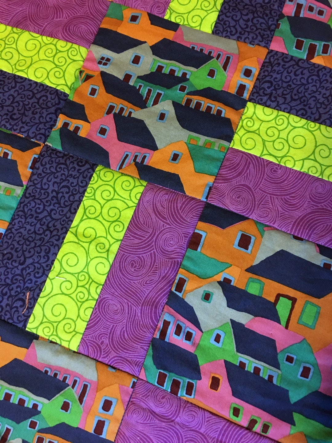 Village Houses Quilt, Blue and Purple Quilt, Patchwork Quilt Etsy