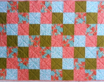 Patchwork Floral Quilt, Bright Flower Quilt, Aqua Quilt, Green Quilt, Coral Quilt, Pink Quilt, Hawaiian Inspired Quilt