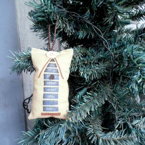 Blue Birdhouse, Reversible Christmas Ornament, Birdhouse Ornament, Homespun Ornament, Stuffed Christmas Ornament