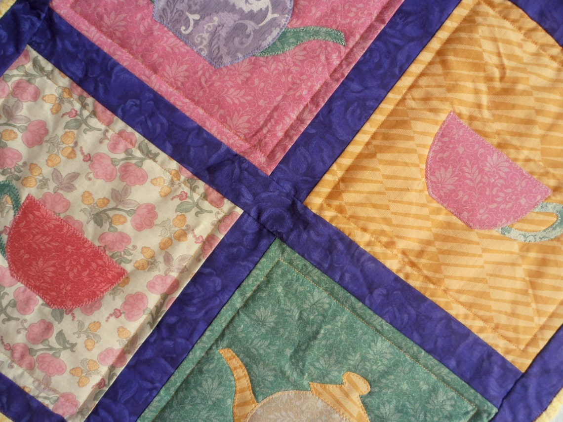 Appliqued Table Topper, Teapots and Teacups Table Topper, Teapots and