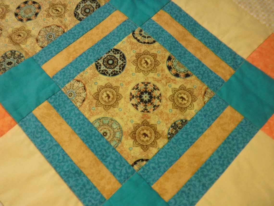 Medallion Quilt Gold and Teal Quilt Yellow and Orange Quilt Etsy