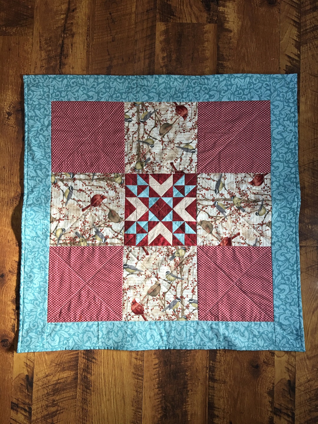 Bird Table Topper, Kitchen Table Topper, 9 Patch Table Topper, Teal and