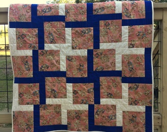 Oriental Fan Quilt, Coral Quilt, Blue Quilt, Cream Quilt, Fan Quilt, Quilted Throw, Quilted Blanket