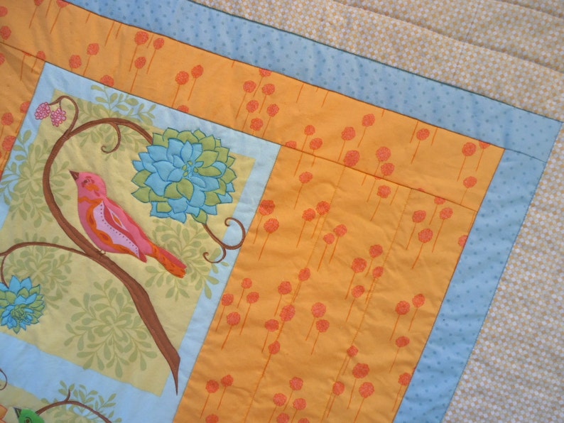 Bird Quilt, Flower Quilt, Springtime Quilt, Whimsical Quilt, Orange