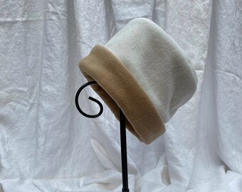 Ivory and Camel Fleece Hat, Fleece Hat, Roll Brim Hat, Tan Hat, Ivory Hat, Winter Hat