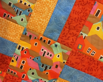 Village Houses Quilt, Orange and Yellow Quilt, Patchwork quilt