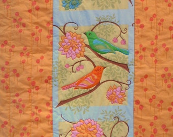 Bird Quilt, Flower Quilt, Springtime Quilt, Whimsical Quilt, Orange Quilt, Blue Quilt, Green Quilt