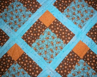 Handmade Monkey Star Baby Quilt, Teal Brown Nursery Decor (46x64)