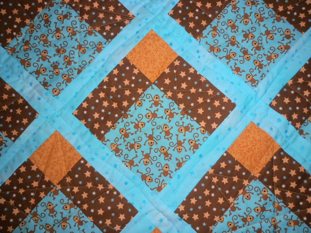 Monkey Quilt Star Quilt Teal and Brown Quilt Blue Quilt Etsy