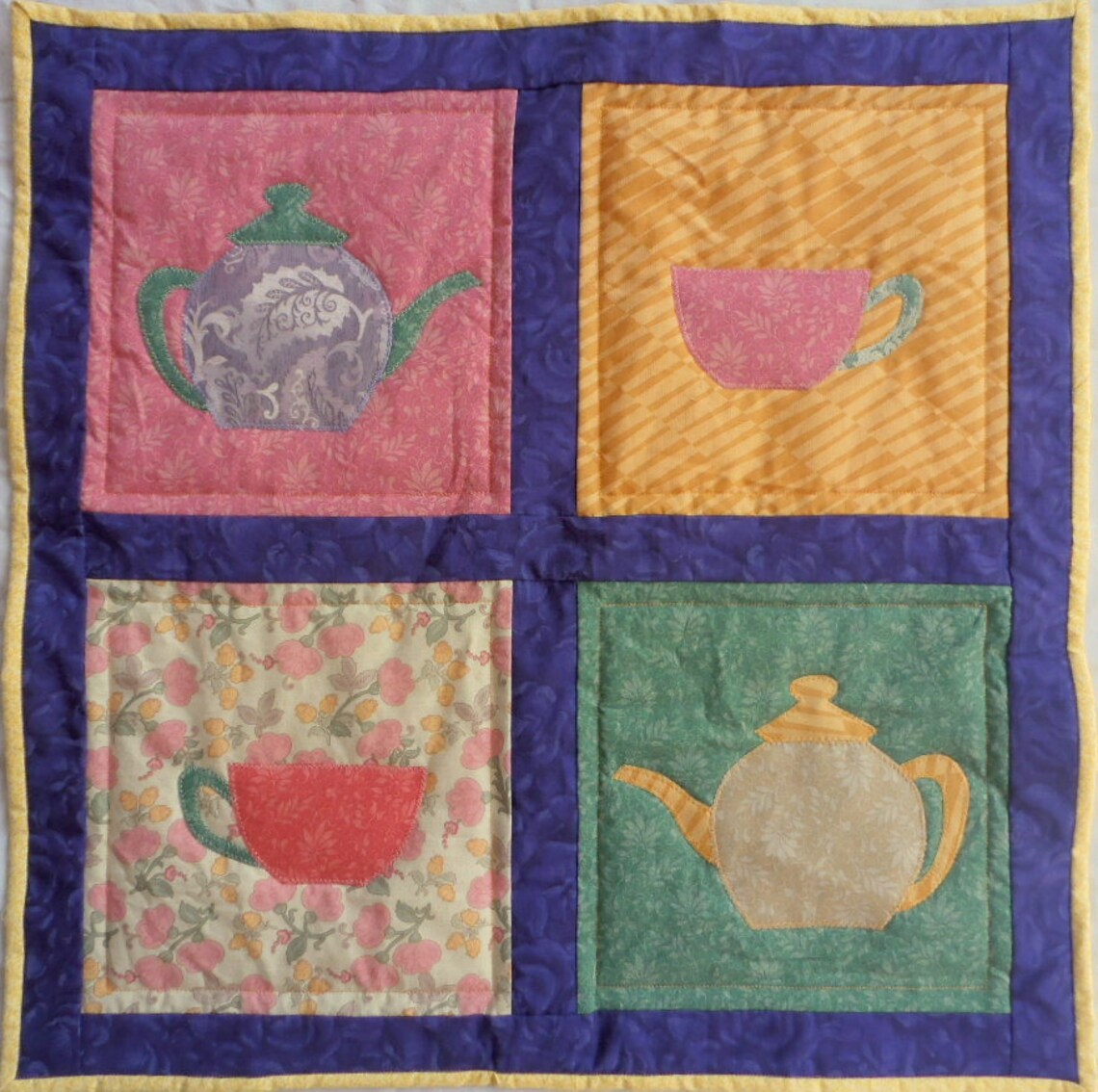 Appliqued Table Topper, Teapots and Teacups Table Topper, Teapots and