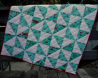 Retro Christmas Quilt, Teal and White Quilt, Teal White Red Quilt, Argyle Quilt, Half Square Triangle Quilt