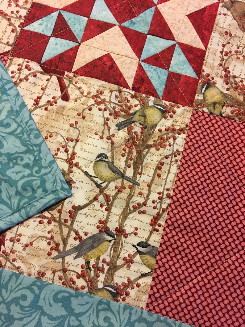 Bird Table Topper, Kitchen Table Topper, 9 Patch Table Topper, Teal and Red Topper, Reversible Topper image 7