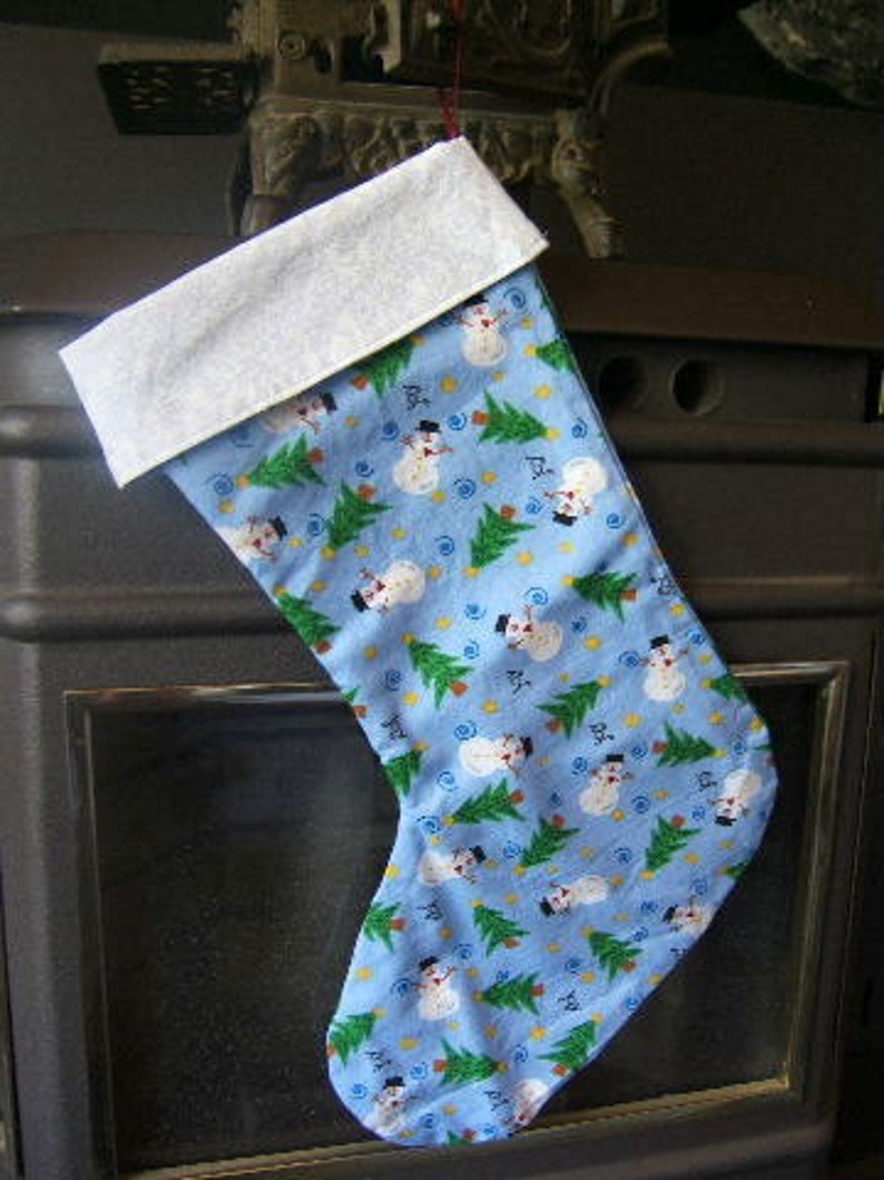 Snowman Stocking, Christmas Stocking, Blue Christmas Stocking, White Christmas Stocking, Reversible Stocking image 3