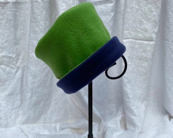 Green and Navy Fleece Hat, Roll Brim Hat, Fleece Hat, Winter Hat, Soft and Warm Hat