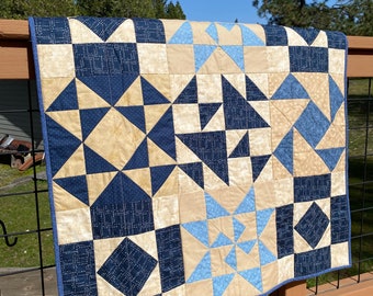 Blue and Tan Quilt, Geometric Quilt, Lap Quilt, Pinwheel Quilt