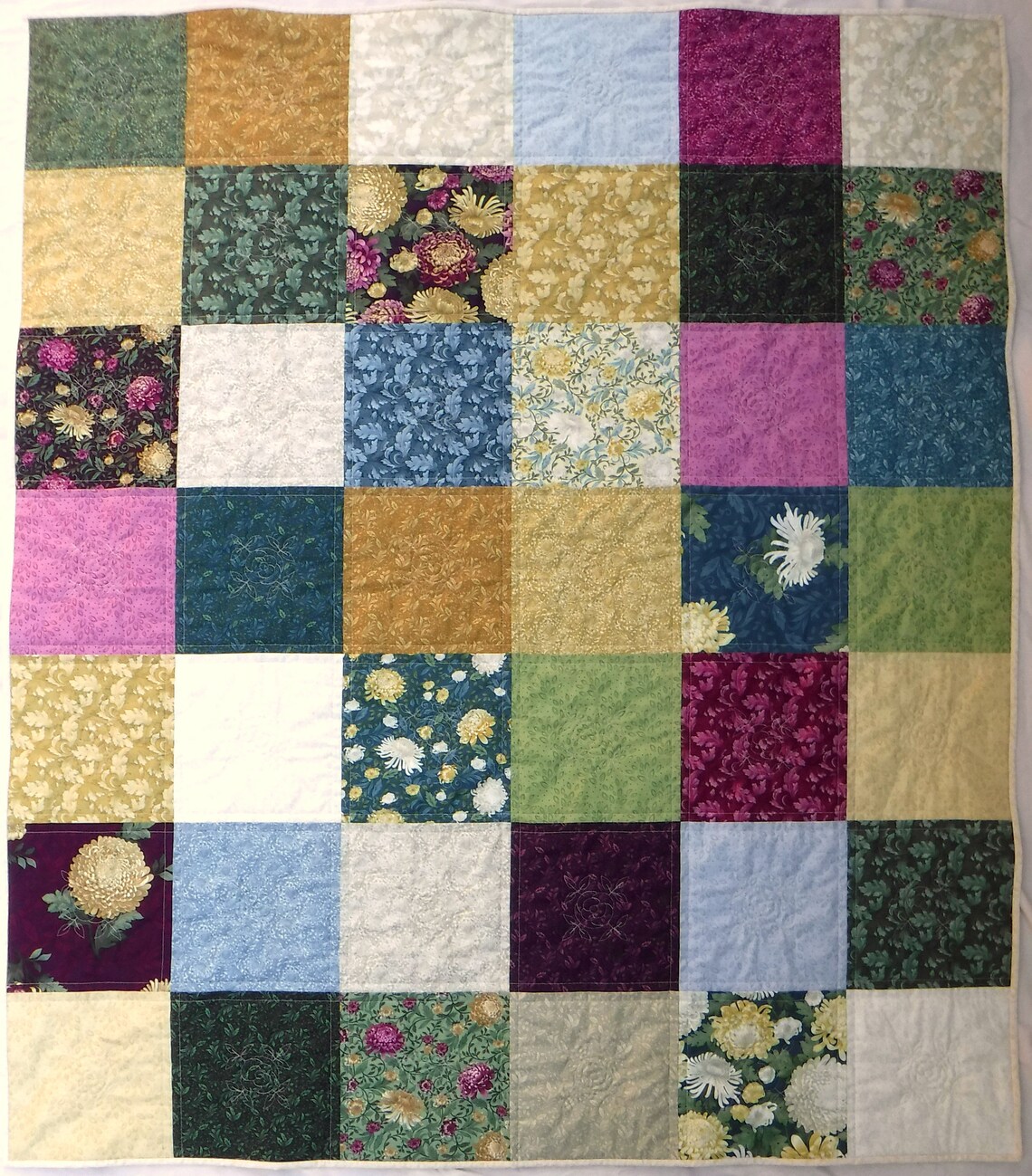 Jewel Tone Quilt, Floral Quilt, Patchwork Quilt, Embroidered Quilt