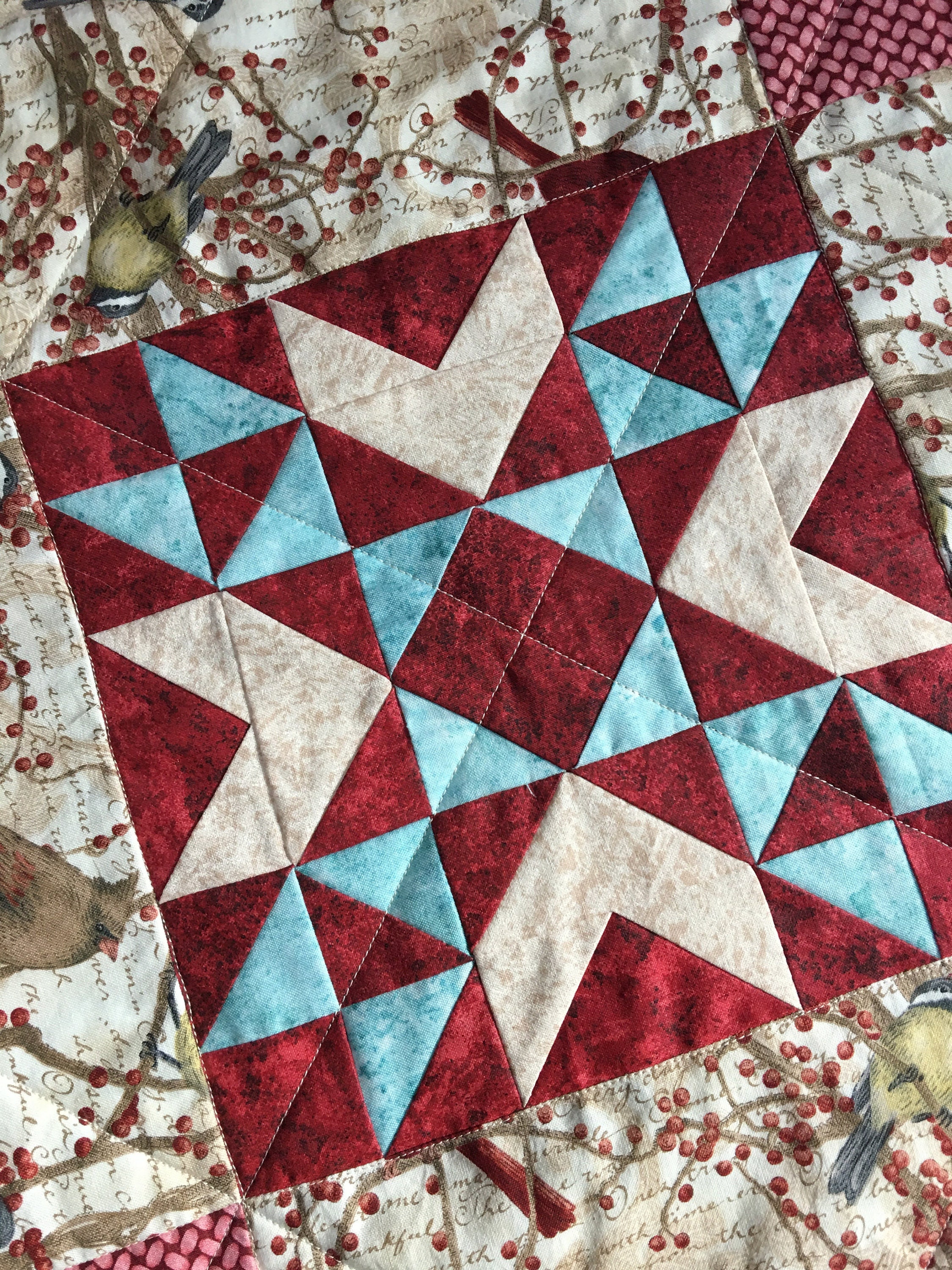 Bird Table Topper, Kitchen Table Topper, 9 Patch Table Topper, Teal and