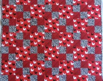 Chicken Quilt, Red Quilt, Black Quilt, Farm Animal Quilt, Barnyard Quilt, Black and White Quilt