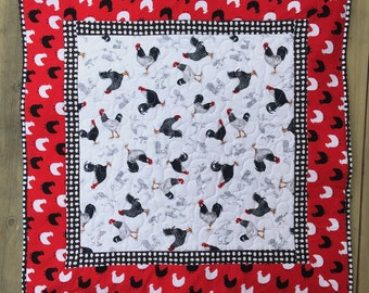 Chicken Table Topper, Rooster Table Topper, Chicken Quilt, Red White Black Quilt