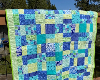 Felle kleurenquilt, Caribische quilt, blauwe blauwgroen groene quilt