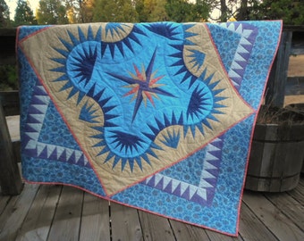 Golden Harvest Quilt, Blue and Purple Quilt,  Paper Pieced Quilt, Blue and Gold Quilt