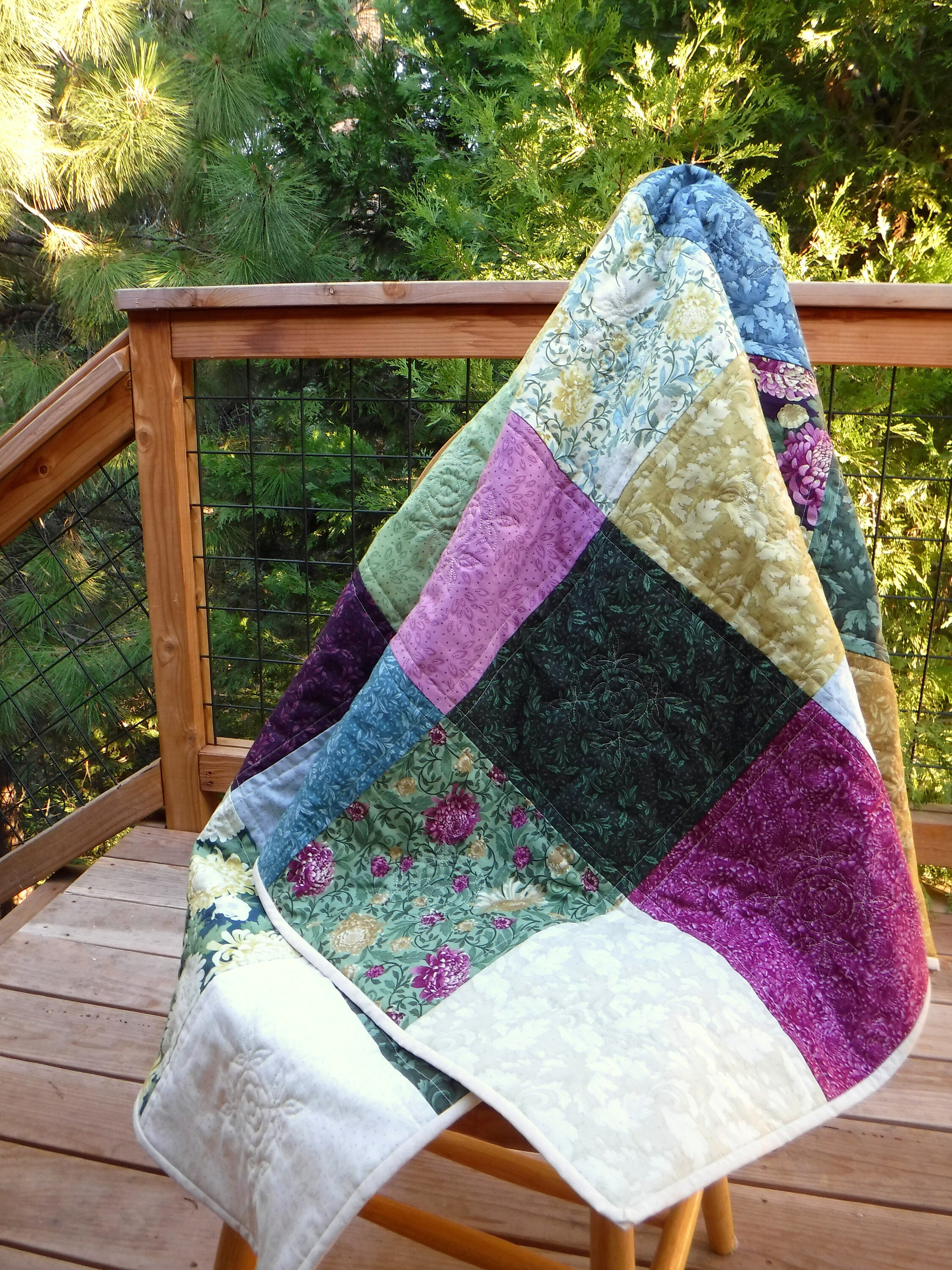 Jewel Tone Quilt, Floral Quilt, Patchwork Quilt, Embroidered Quilt