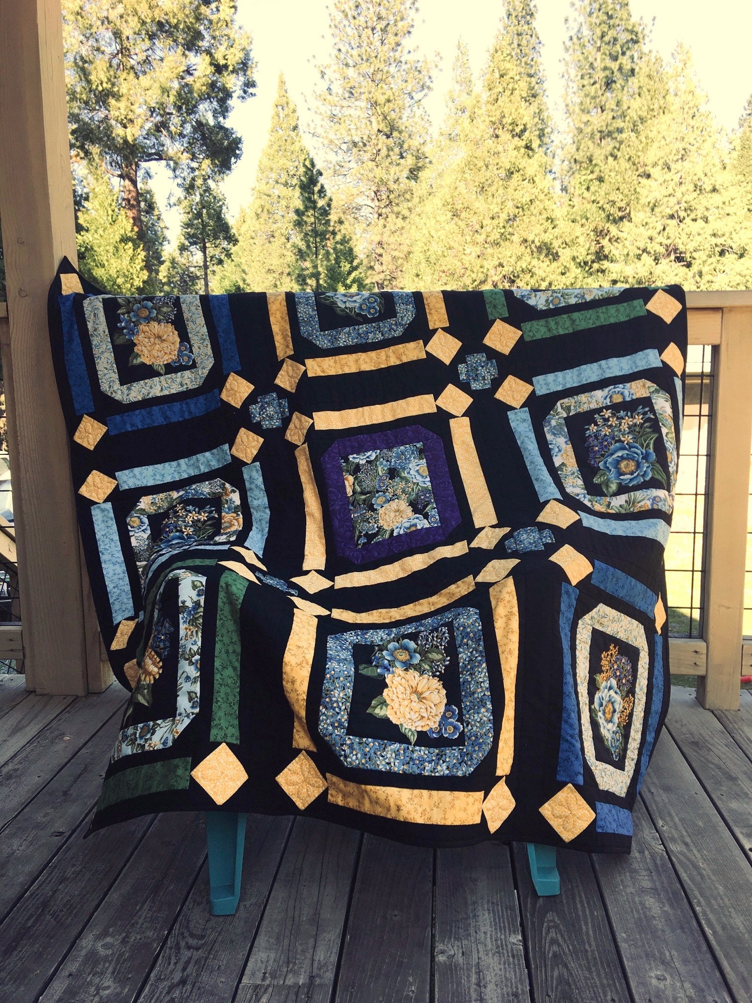 Floral Panel Quilt Yellow Flower Quilt Blue Flower Quilt Etsy 日本