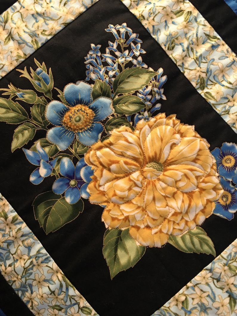 Floral Panel Quilt Yellow Flower Quilt Blue Flower Quilt Etsy