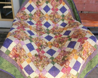 Purple Floral Quilt, Green Quilt, Rose Quilt, Cranberry, Gold, Floral Quilt, 9 Patch Quilt