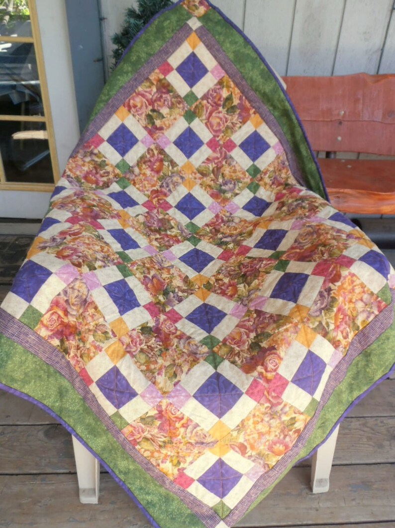 Purple Floral Quilt, Green Quilt, Rose Quilt, Cranberry, Gold, Floral