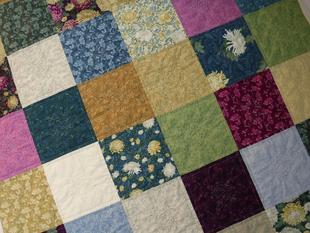 Jewel Tone Quilt, Floral Quilt, Patchwork Quilt, Embroidered Quilt
