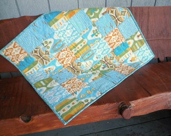 Orange and Aqua Baby Quilt, Mid Century Modern Patchwork