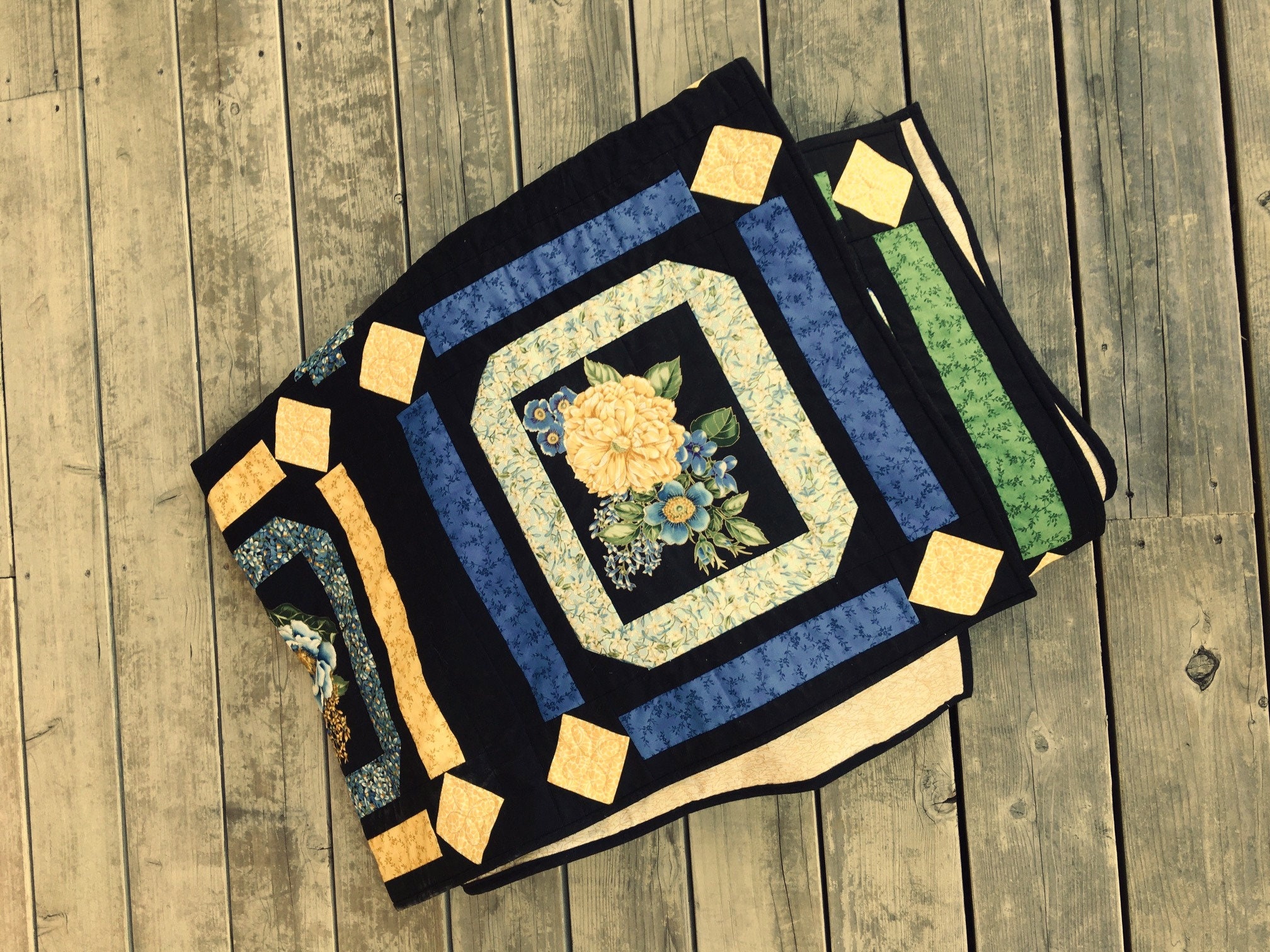 Floral Panel Quilt Yellow Flower Quilt Blue Flower Quilt Etsy 日本