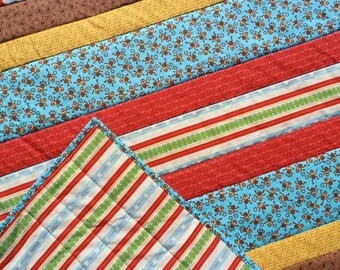 Modern Monkey Baby Quilt, Striped Patchwork, 36.5x38"