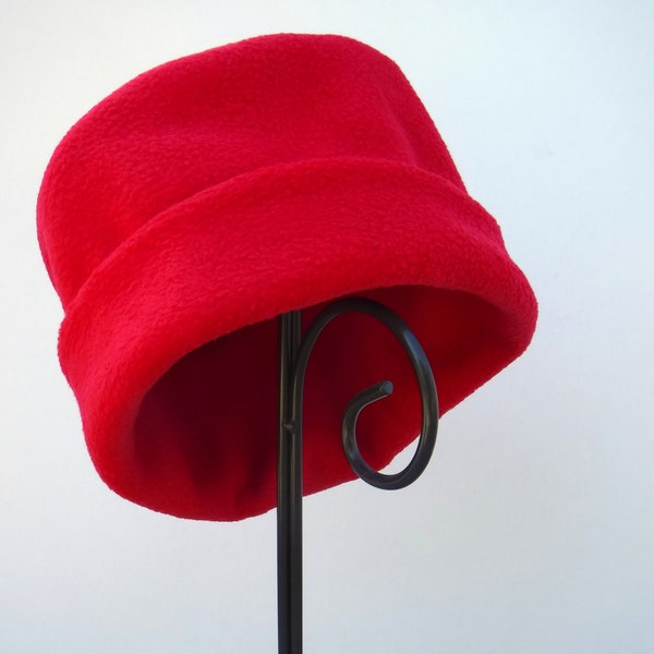 Red Fleece Hat, Bright Red Winter Hat, Valentine's Day Hat, Fleece Hat, Roll Brim Hat, Soft and Warm Hat