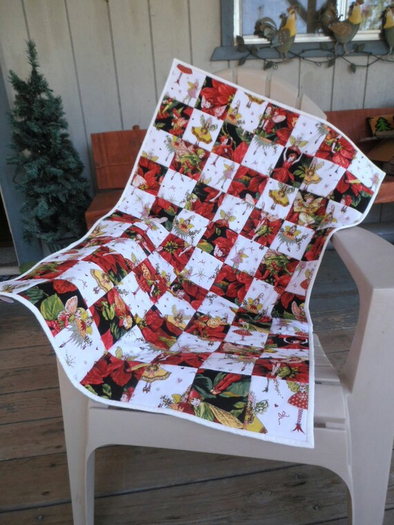 Nymphs and Fairies Patchwork Quilt, Red White Baby Quilt