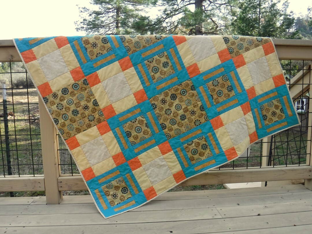 Medallion Quilt Gold and Teal Quilt Yellow and Orange Quilt Etsy