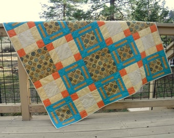 Medallion Quilt, Gold and Teal Quilt, Yellow and Orange Quilt, Elephant Quilt, Quilted Throw