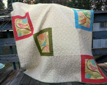 Springtime Bird Quilt, Bird Panel Quilt, Colorful Bird Quilt, Bird and Flower Quilt