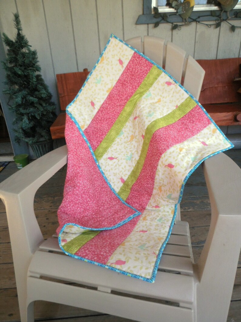 Birdie Quilt Modern Baby Quilt Pink White Green Quilt Baby Etsy